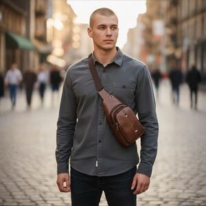 Oxford Station Vintage Style Unisex Crossbody Sling Bag Brown Vegan Leather